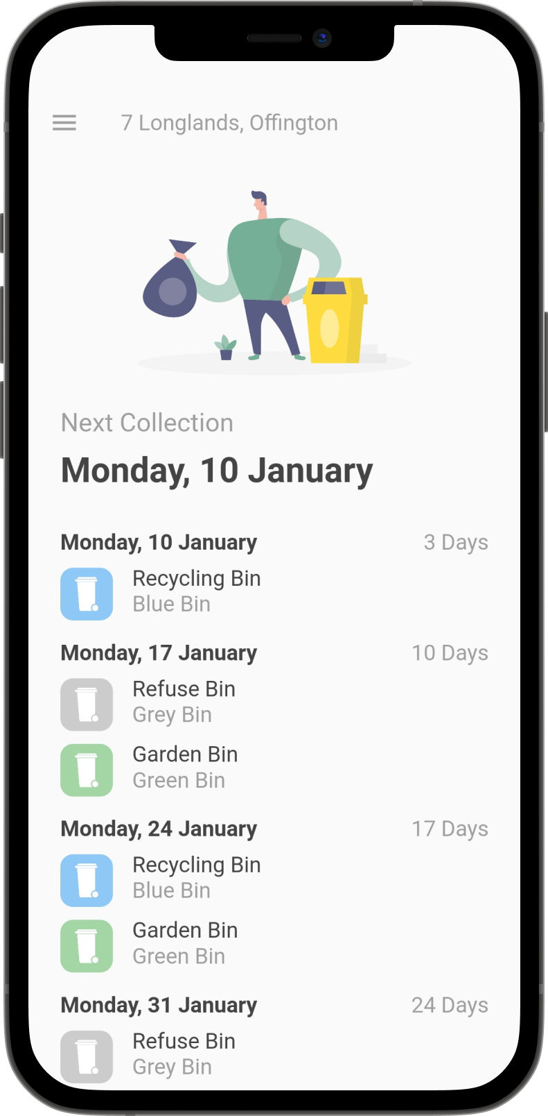 Screenshot of the BinDays app on a smartphone, showing upcoming collection dates for different bin types.